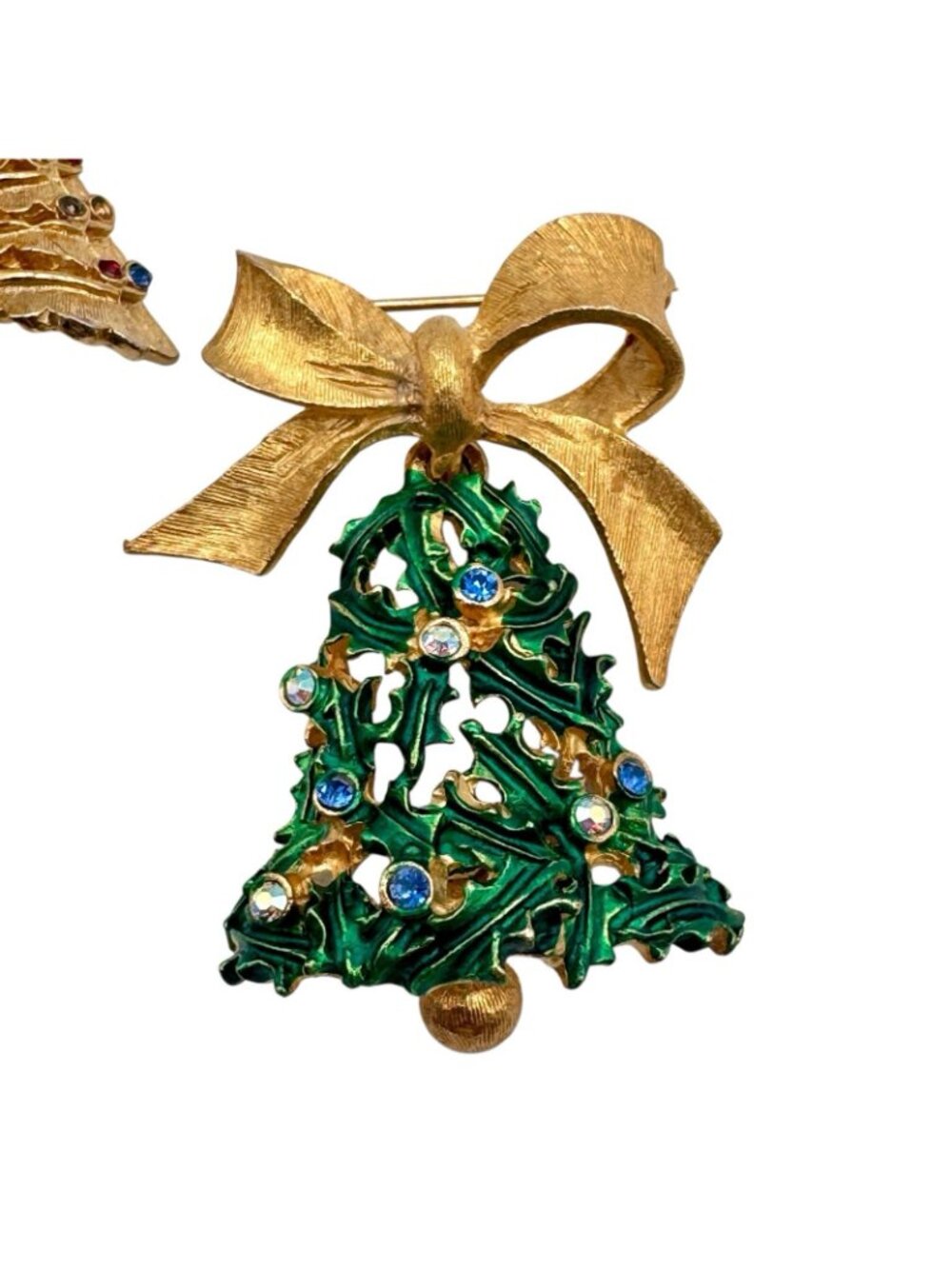 Christmas Tree Brooch Lot of 3 - MYLU Bell Enamel Rhinestone Gold Tone Tree - Picture 4 of 13
